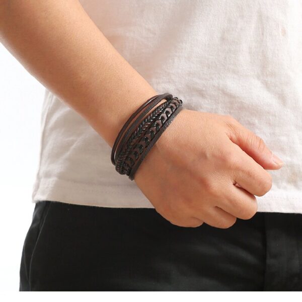Pulseira masculina trançado marron multi-camada - Image 2