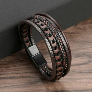 Pulseira masculina trançado marron multi-camada