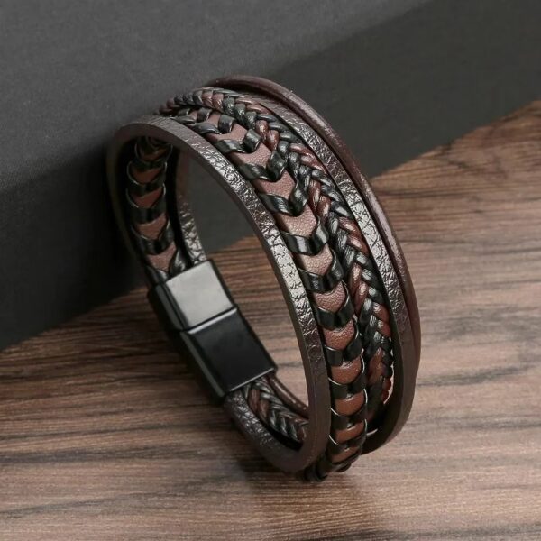 Pulseira masculina trançado marron multi-camada